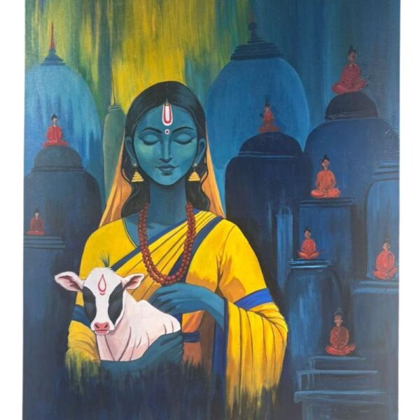 Sadhvi with Calf full view – acrylic painting by ArtZera