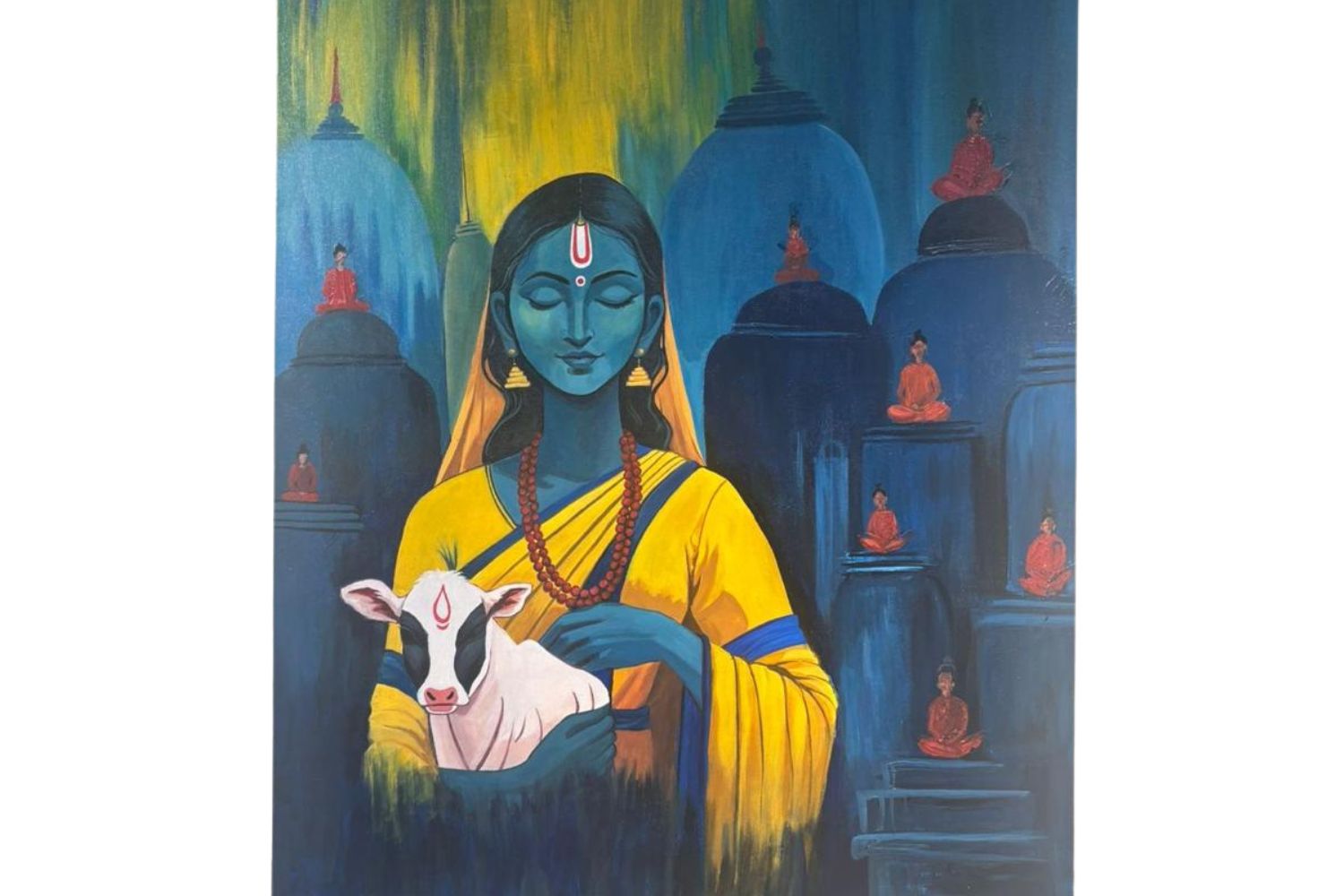 Sadhvi with Calf – Full Artwork View | ArtZera Sadhvi with Calf full view – acrylic painting by ArtZera