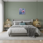 A modern living room featuring a 24×24 inch framed acrylic painting Petals of Promise with a red flower in bloom against a purple and blue abstract background, hanging above a wooden console with decorative elements.