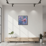 A modern living room featuring a 24×24 inch framed acrylic painting Petals of Promise with a red flower in bloom against a purple and blue abstract background, hanging above a wooden console with decorative elements.
