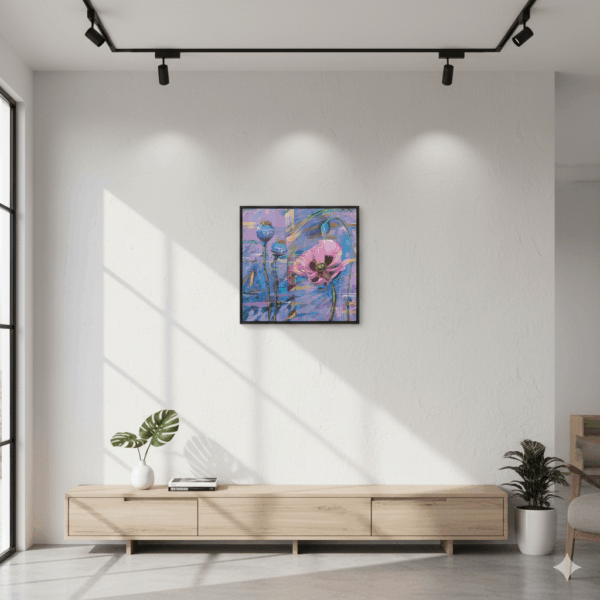 A modern living room featuring a 24×24 inch framed acrylic painting Petals of Promise with a red flower in bloom against a purple and blue abstract background, hanging above a wooden console with decorative elements.