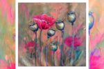 Zoomed detail of poppy flower painting – pink, orange, and green color blend on premium canvas by Artzera Gallery