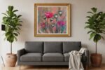 Luxury floral canvas painting with golden frame displayed in a modern living room – poppy flower wall art by Artzera Gallery
