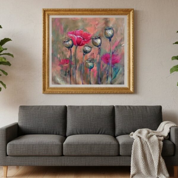 Luxury floral canvas painting with golden frame displayed in a modern living room – poppy flower wall art by Artzera Gallery