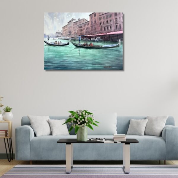 Gondoliers steering gondolas in Venice watercolor painting