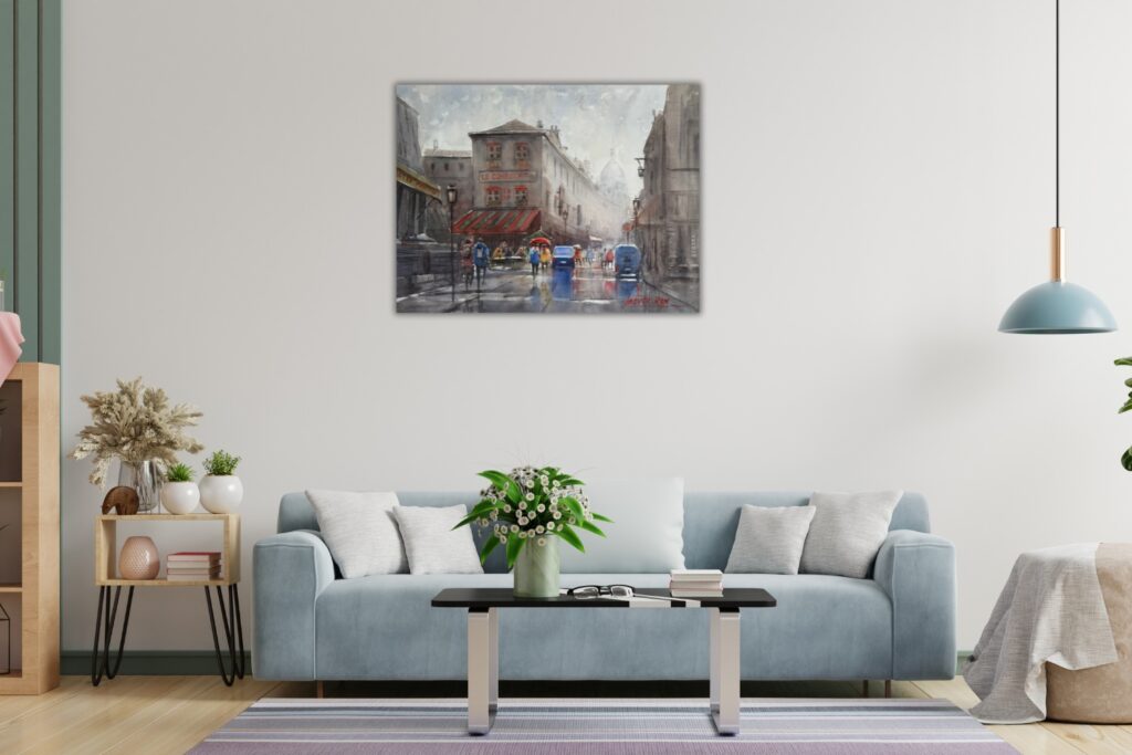 Paris café Le Consulat watercolor painting in Montmartre rainy street scene