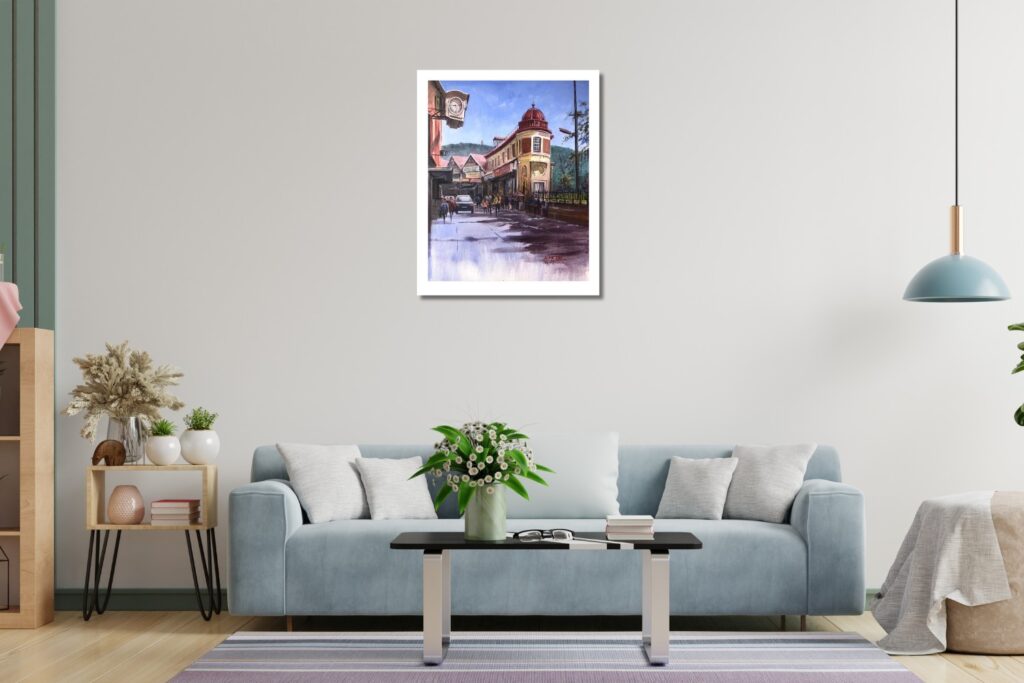 Clock tower and lush hills in Shimla street view painting by Jasvir Ram