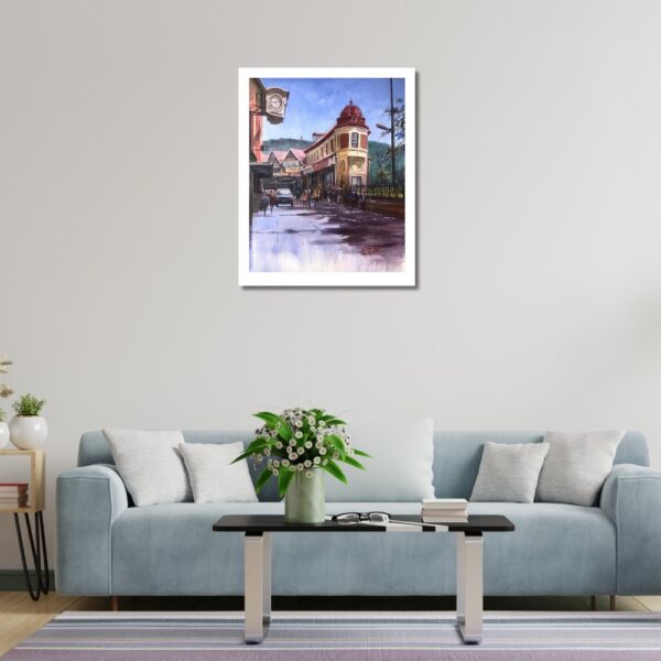Clock tower and lush hills in Shimla street view painting by Jasvir Ram