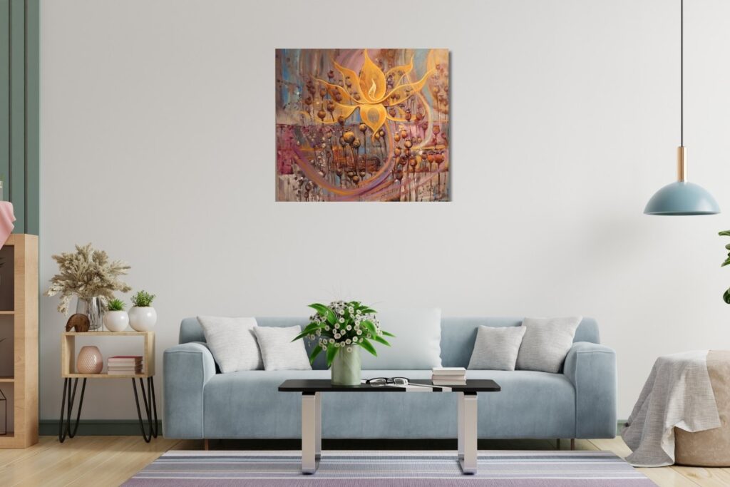 lose-up of Eternal Bloom painting showing golden lotus with inner flame, symbol of purity and spiritual awakening.