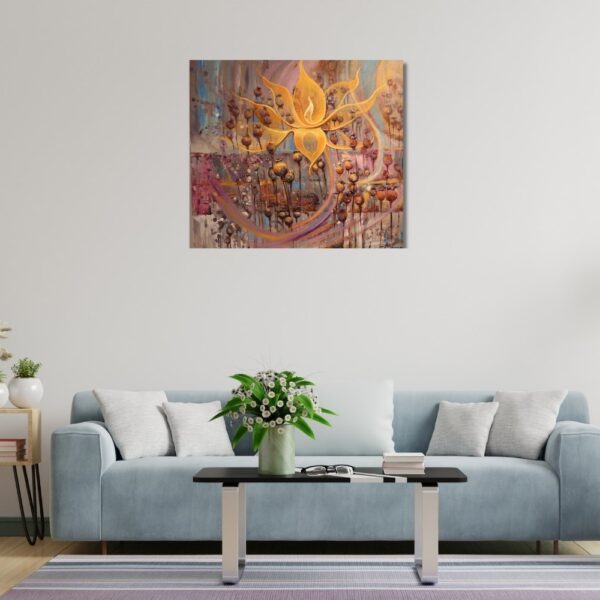 lose-up of Eternal Bloom painting showing golden lotus with inner flame, symbol of purity and spiritual awakening.