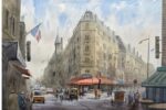 Parisian street painting with café, French flag, and pedestrians by Jasvir Ram