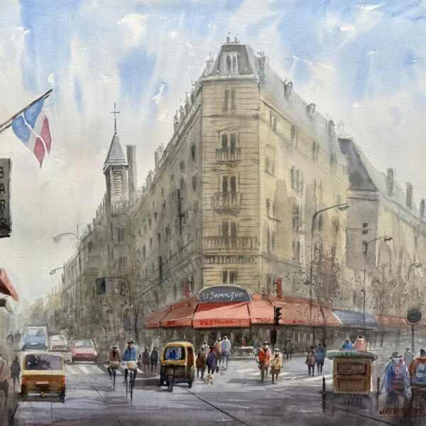 Parisian street painting with café, French flag, and pedestrians by Jasvir Ram