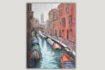 Venetian canal watercolor painting with boats and rustic buildings by Jasvir Ram