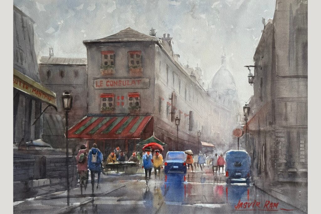 Rainy Paris street scene watercolor painting with Le Consulat café by Jasvir Ram
