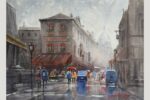 Rainy Paris street scene watercolor painting with Le Consulat café by Jasvir Ram