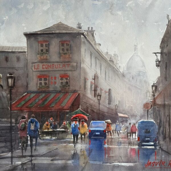 Rainy Paris street scene watercolor painting with Le Consulat café by Jasvir Ram