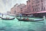 Gondolas gliding on a Venetian canal watercolor painting