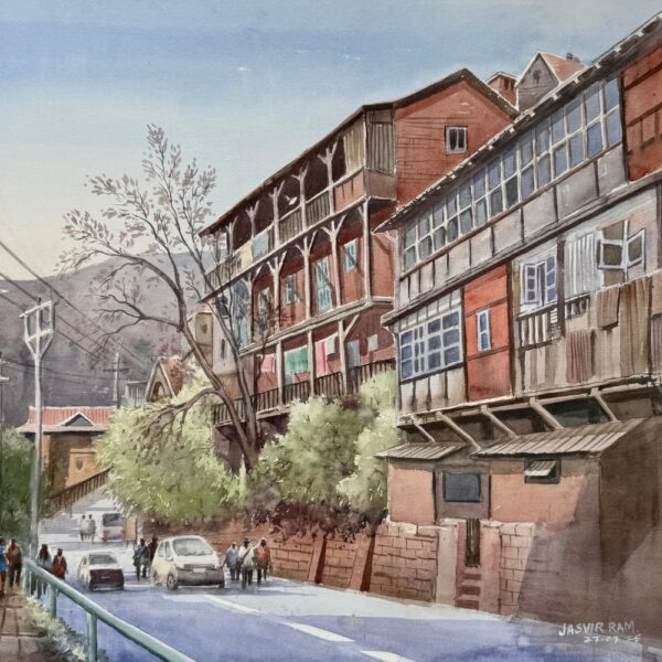 Watercolor painting of a street lined with traditional wooden houses by Jasvir Ram