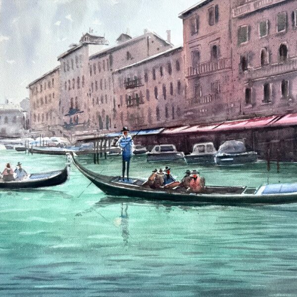 Gondolas gliding on a Venetian canal watercolor painting