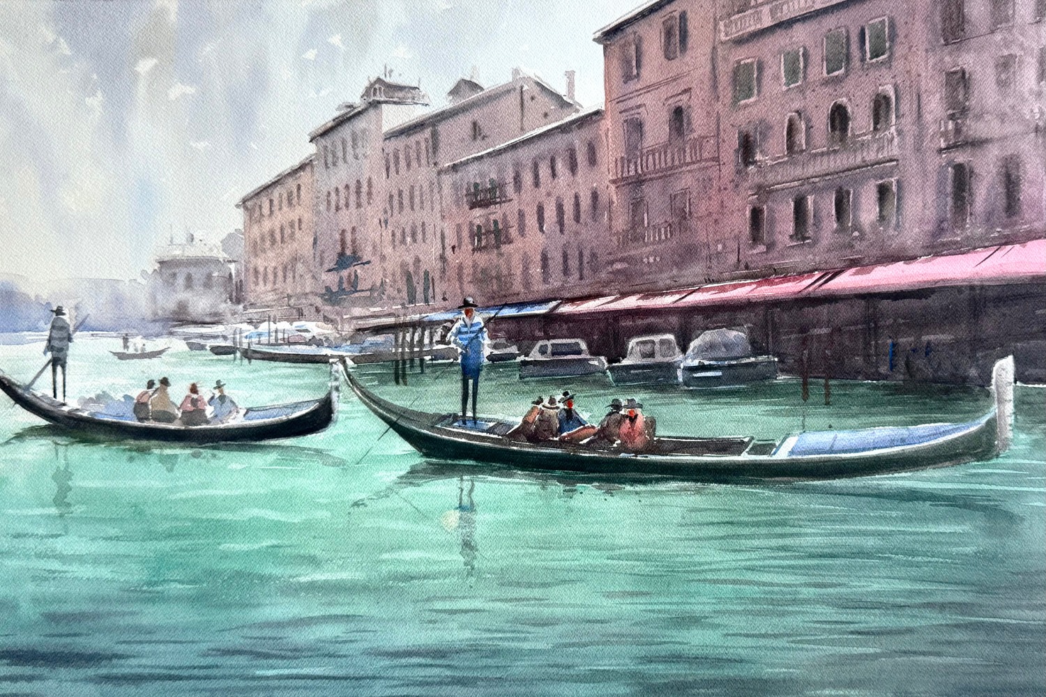 Glide Through Venetian Waters – Gondolas in Venice Gondolas gliding on a Venetian canal watercolor painting