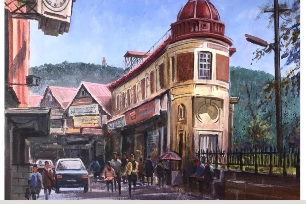 Painting of Shimla street with red-domed building and clock tower by Jasvir Ram