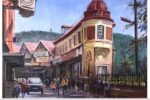 Painting of Shimla street with red-domed building and clock tower by Jasvir Ram