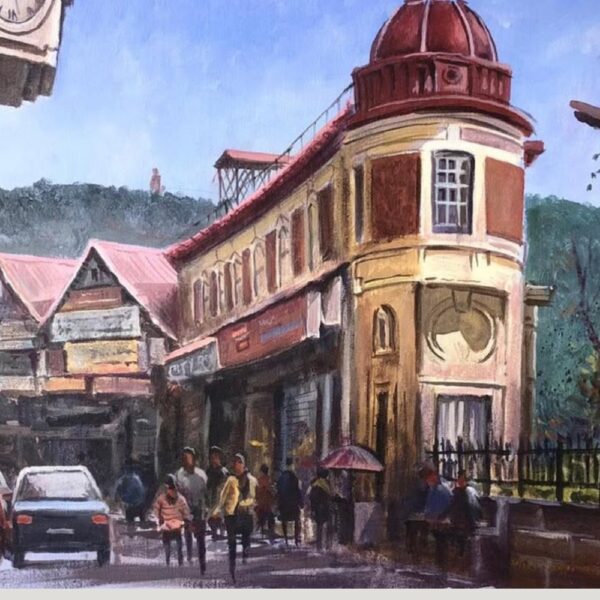 Painting of Shimla street with red-domed building and clock tower by Jasvir Ram