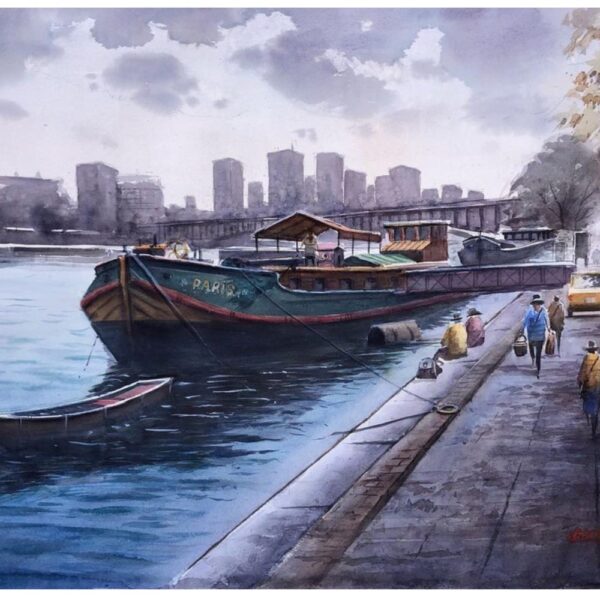 Riverside Serenity in Paris – Watercolor painting of boats and riverside by Jasvir Ram.