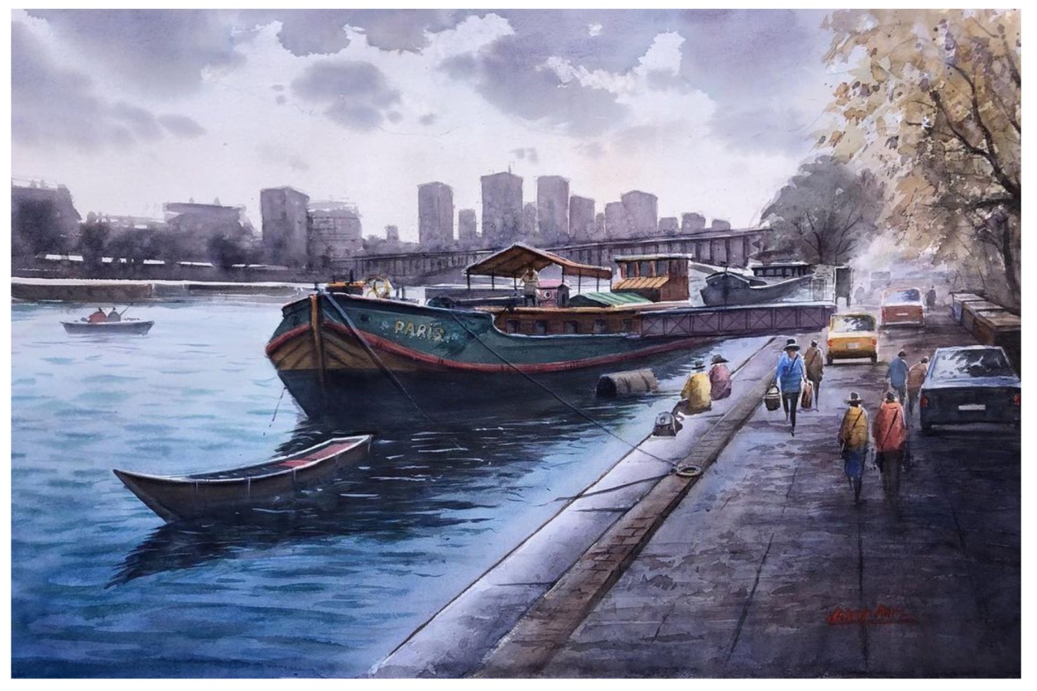 Riverside Serenity in Paris by Jasvir Ram Riverside Serenity in Paris – Watercolor painting of boats and riverside by Jasvir Ram.