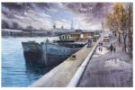 Riverside Promenade, Paris – Watercolor painting by Jasvir Ram with Eiffel Tower, boats, and autumn leaves.