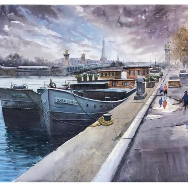 Riverside Promenade, Paris – Watercolor painting by Jasvir Ram with Eiffel Tower, boats, and autumn leaves.