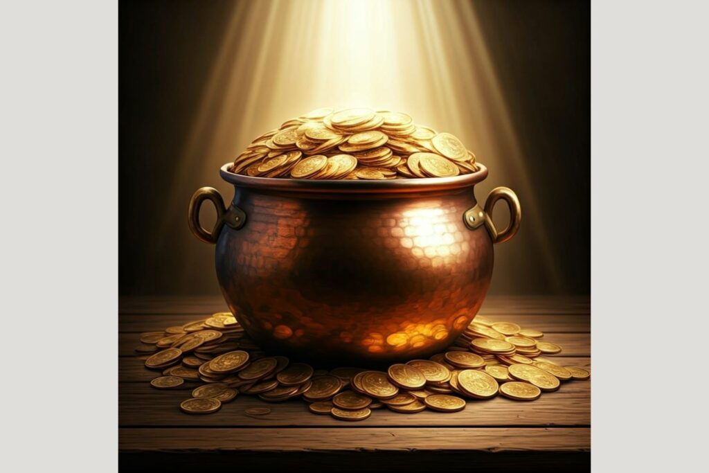 Pot of Gold Treasure Digital Artwork – Golden Coins & Copper Pot