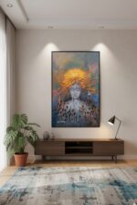 Acrylic painting “Soul’s Liberation” featuring a radiant golden lotus and symbolic seeds representing life forms on their spiritual journey toward enlightenment and inner peace.