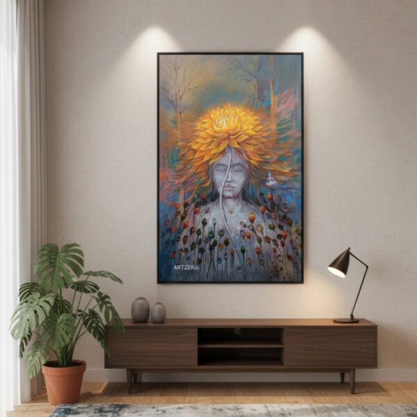 Acrylic painting “Soul’s Liberation” featuring a radiant golden lotus and symbolic seeds representing life forms on their spiritual journey toward enlightenment and inner peace.