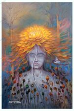 A spiritual acrylic painting of a meditative figure with closed eyes, a golden lotus blooming from the head, surrounded by seeds and plants, symbolizing nature, harmony, and the journey toward inner peace and liberation.