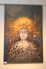 Acrylic painting “Soul’s Liberation” featuring a radiant golden lotus and symbolic seeds representing life forms on their spiritual journey toward enlightenment and inner peace