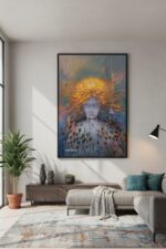 Acrylic painting “Soul’s Liberation” featuring a radiant golden lotus and symbolic seeds representing life forms on their spiritual journey toward enlightenment and inner peace.