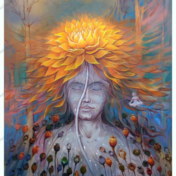 A spiritual acrylic painting of a meditative figure with closed eyes, a golden lotus blooming from the head, surrounded by seeds and plants, symbolizing nature, harmony, and the journey toward inner peace and liberation.