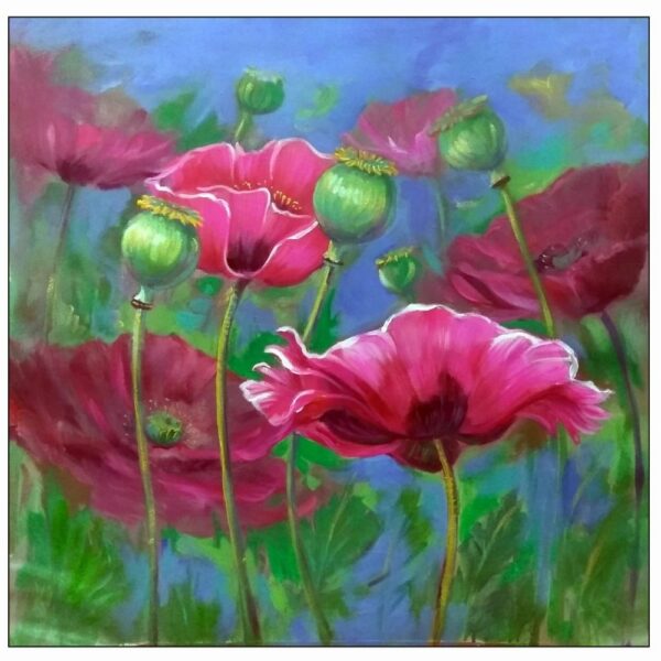 A vibrant floral painting titled Movements of Inner Rhythm, featuring pink and red flowers in full bloom with green buds, set against a soft blue and green background.