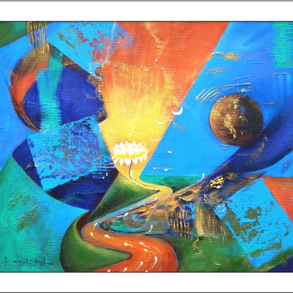 Abstract lotus painting on canvas – colorful blue, orange, and golden tones wall art