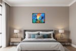 Fragments of Light and Time abstract lotus painting displayed above a modern bed in a stylish bedroom – Artzera Gallery wall art
