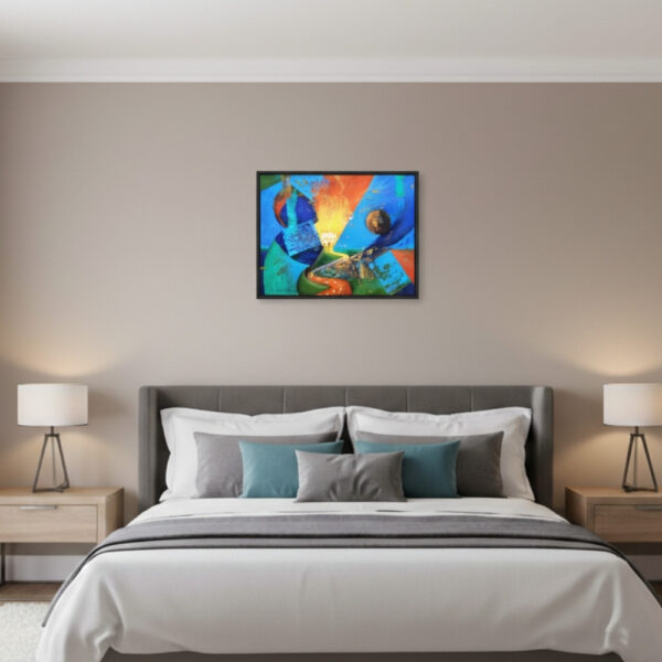 Fragments of Light and Time abstract lotus painting displayed above a modern bed in a stylish bedroom – Artzera Gallery wall art