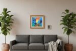 Modern living room with grey sofa, indoor plants, and two colorful framed paintings on the wall.