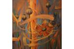 Whispers of Autumn Bloom painting by Jagjit Singh – abstract floral artwork with orange blossom and golden brushstrokes on canvas.