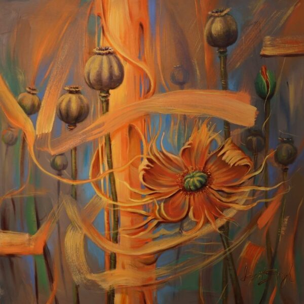 Whispers of Autumn Bloom painting by Jagjit Singh – abstract floral artwork with orange blossom and golden brushstrokes on canvas.