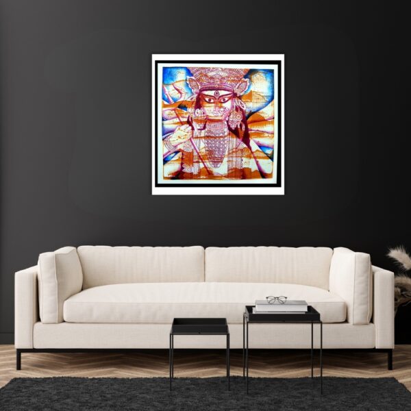 Close-up of Devi Durga painting showing jewelry and crown details