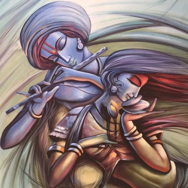 Eternal Melody of Radha and Krishna painting full view – spiritual acrylic on canvas artwork by ArtZera