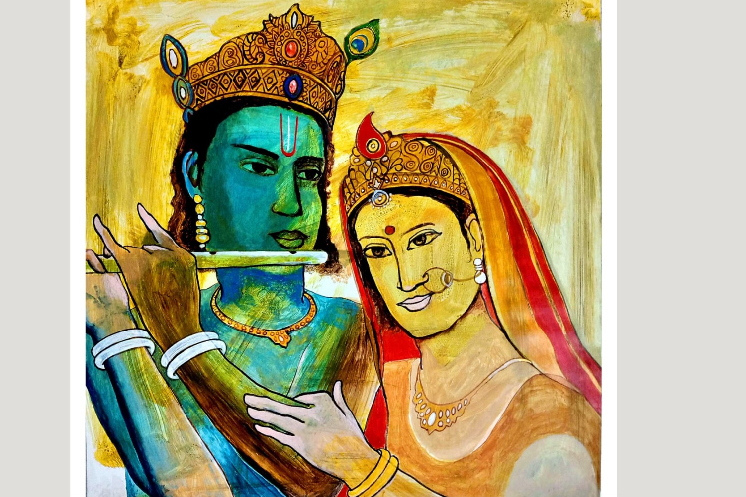 Radhakrishna Painting – Divine Love of Radha and Krishna Radhakrishna painting full view – spiritual acrylic on paper artwork by ArtZera