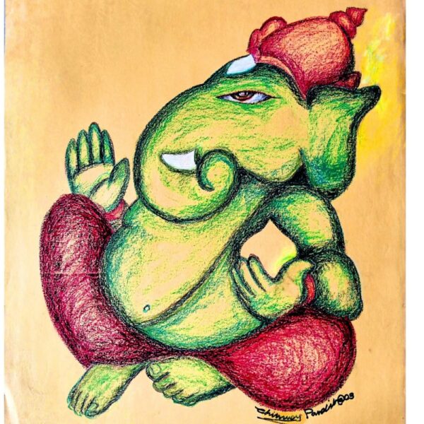 Close-up of Shree Ganesha painting showing trunk, hands, and textured shading