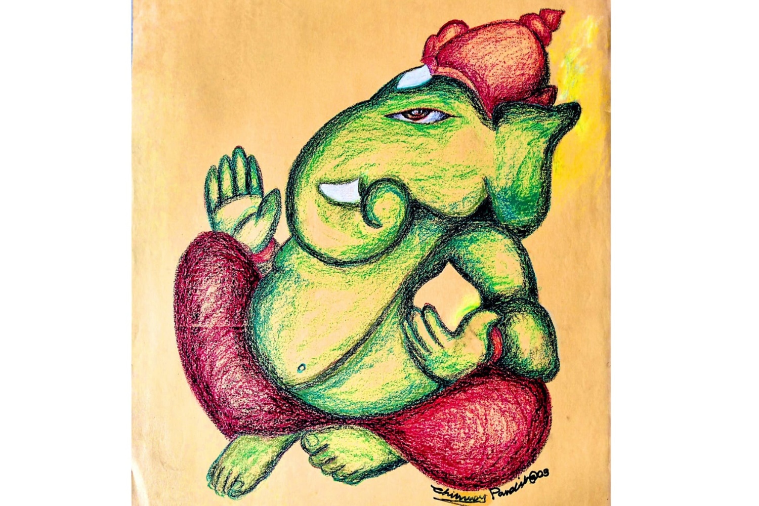 Shree Ganesha Painting Details – Acrylic on Paper Close-up of Shree Ganesha painting showing trunk, hands, and textured shading